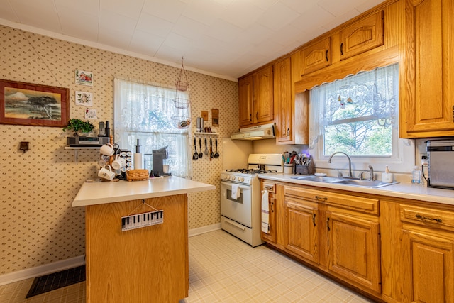 kitchen featuring white gas stove, sink, hanging light fixtures, kitchen peninsula, and crown molding