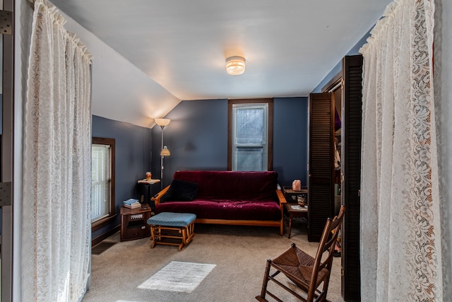 living room featuring lofted ceiling and light carpet