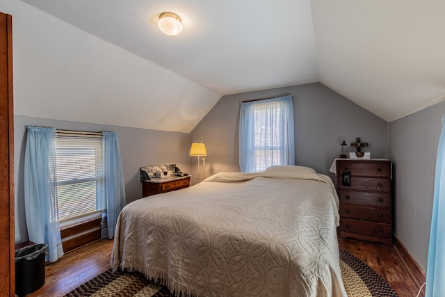 bedroom with dark hardwood / wood-style floors, vaulted ceiling, and multiple windows