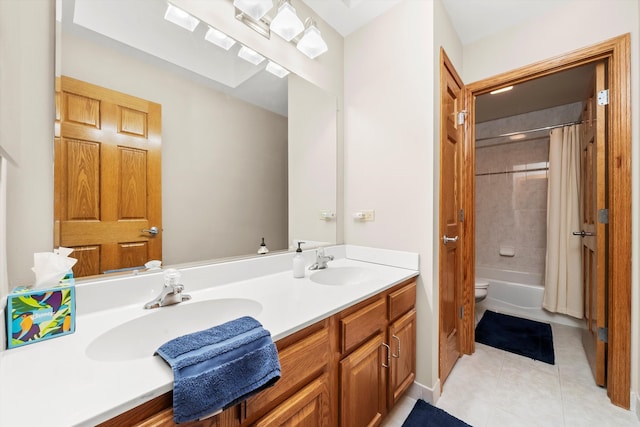 full bathroom with tile patterned flooring, vanity, toilet, and shower / bath combo with shower curtain