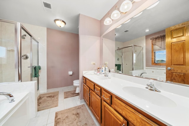 full bathroom with tile patterned floors, vanity, toilet, and plus walk in shower