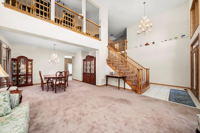 living room featuring carpet flooring and a high ceiling