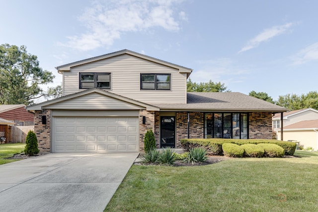 view of front of home with a front lawn and a garage