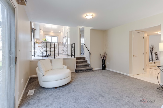 living area with light carpet