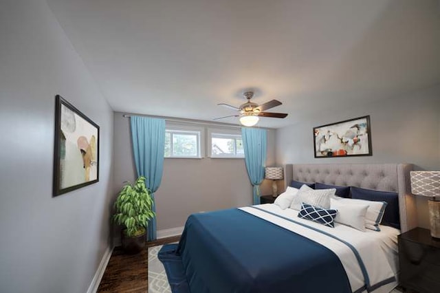 bedroom with ceiling fan and dark wood-type flooring