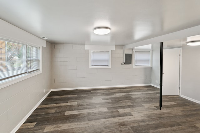 basement featuring dark wood-type flooring and electric panel