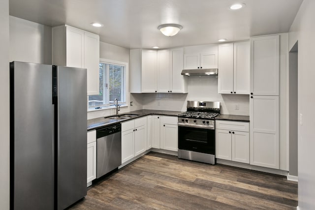 kitchen with white cabinetry, sink, dark wood-type flooring, decorative backsplash, and appliances with stainless steel finishes