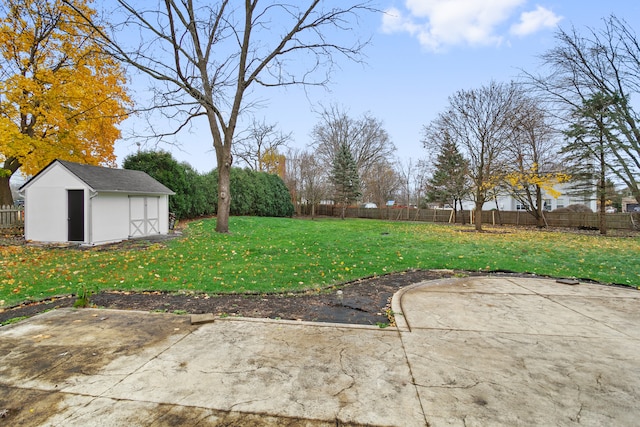 view of yard featuring a storage unit and a patio