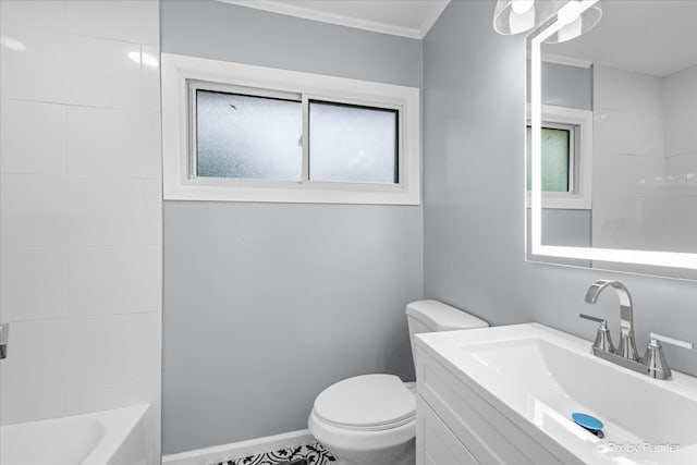 full bathroom with plenty of natural light, toilet, ornamental molding, and vanity