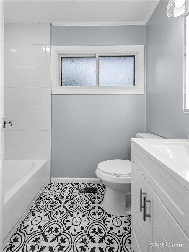 full bathroom featuring shower / bathtub combination, vanity, crown molding, tile patterned flooring, and toilet