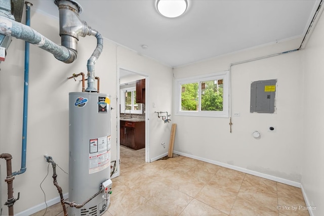 utilities featuring gas water heater, sink, and electric panel