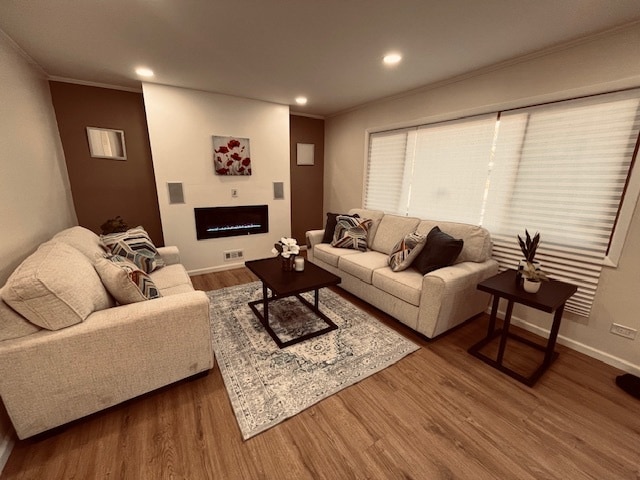 living room with wood-type flooring and ornamental molding