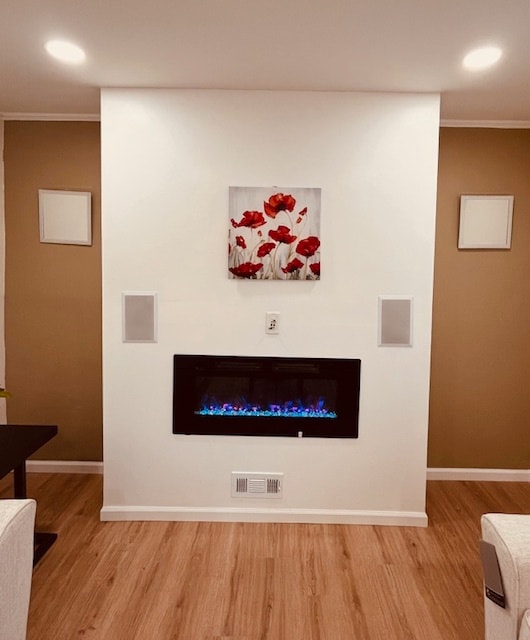 room details with wood-type flooring and crown molding