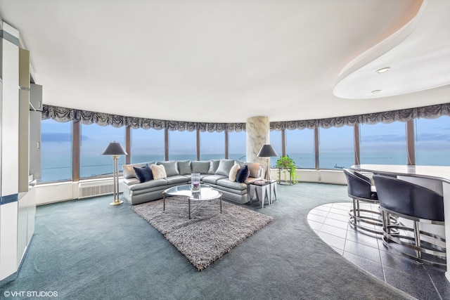 carpeted living room with a water view and a wealth of natural light