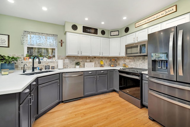 kitchen featuring decorative backsplash, appliances with stainless steel finishes, light wood-type flooring, sink, and gray cabinets