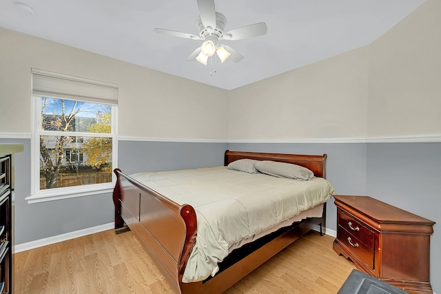 bedroom featuring ceiling fan and light hardwood / wood-style flooring