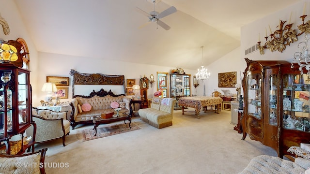 bedroom featuring a chandelier, carpet floors, and high vaulted ceiling