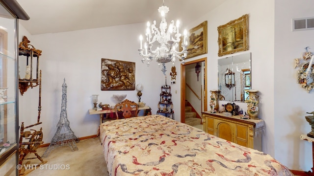 bedroom featuring a notable chandelier, light colored carpet, and vaulted ceiling