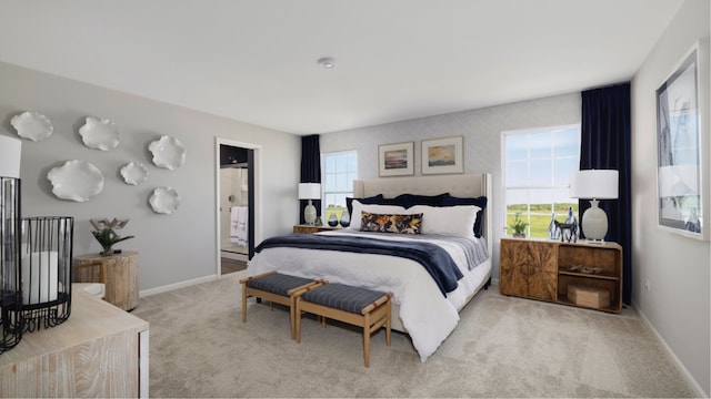 bedroom featuring light carpet, connected bathroom, and multiple windows