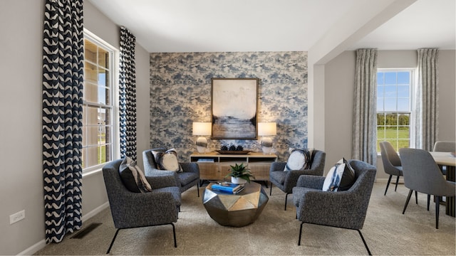 sitting room featuring carpet flooring