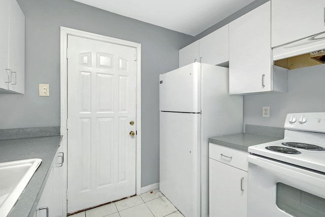 kitchen with sink, white cabinets, extractor fan, white appliances, and light tile patterned floors