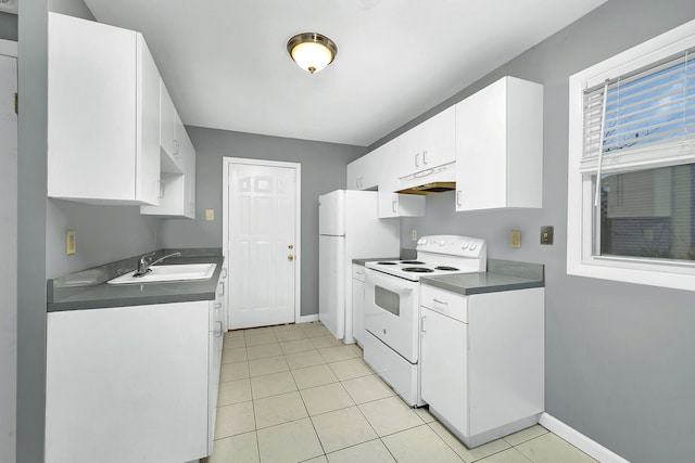 kitchen featuring sink, white cabinets, light tile patterned flooring, and white electric range