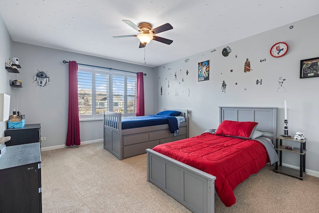 bedroom with light colored carpet and ceiling fan