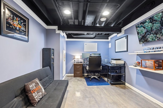 carpeted home office featuring ornamental molding