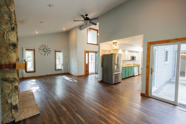 unfurnished living room featuring ceiling fan, high vaulted ceiling, and dark hardwood / wood-style floors