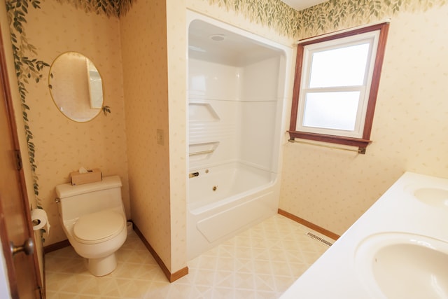 full bathroom with tile patterned floors, vanity, toilet, and shower / tub combination