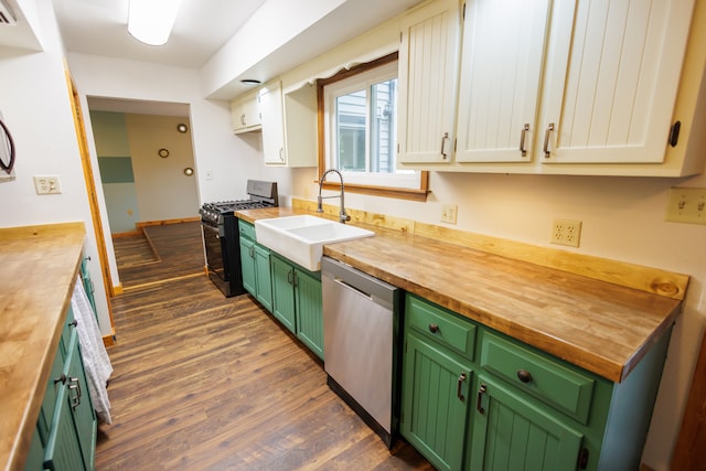 kitchen with sink, stainless steel dishwasher, dark hardwood / wood-style flooring, white cabinetry, and black range with gas cooktop