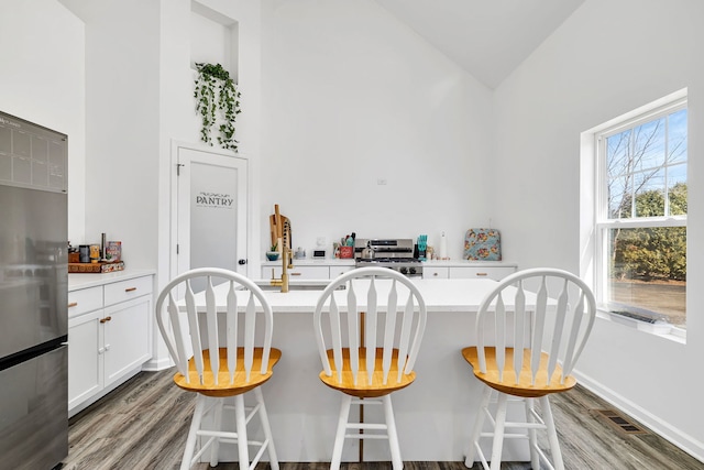 kitchen with stainless steel appliances, light countertops, a breakfast bar area, and wood finished floors