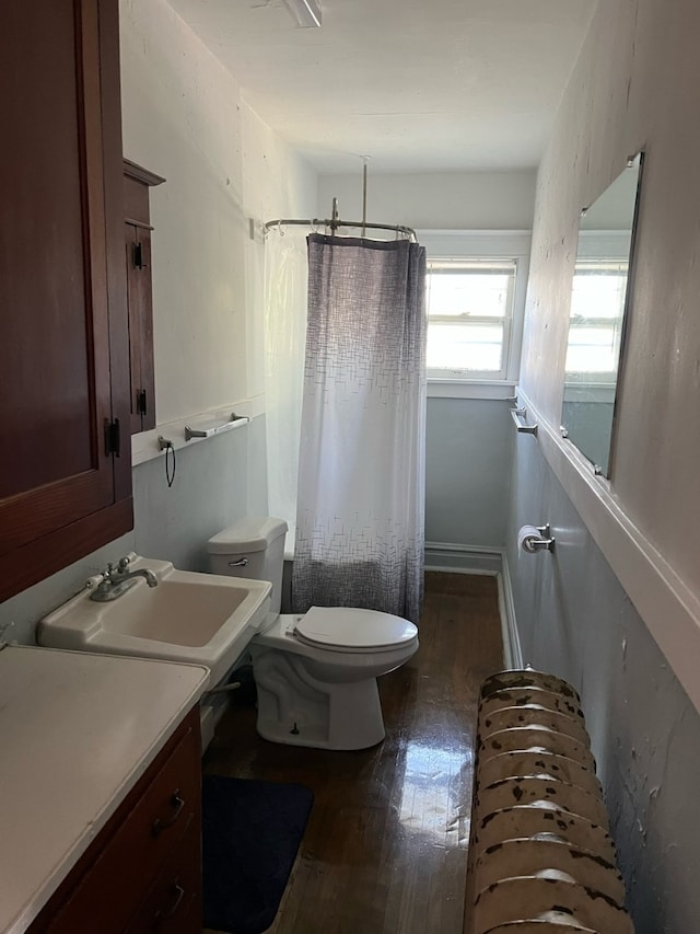 bathroom with curtained shower, sink, wood-type flooring, and toilet