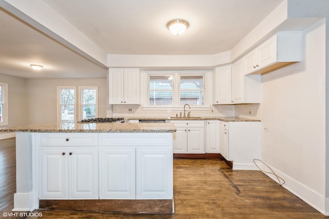 kitchen with dark hardwood / wood-style flooring, white cabinetry, sink, and light stone countertops