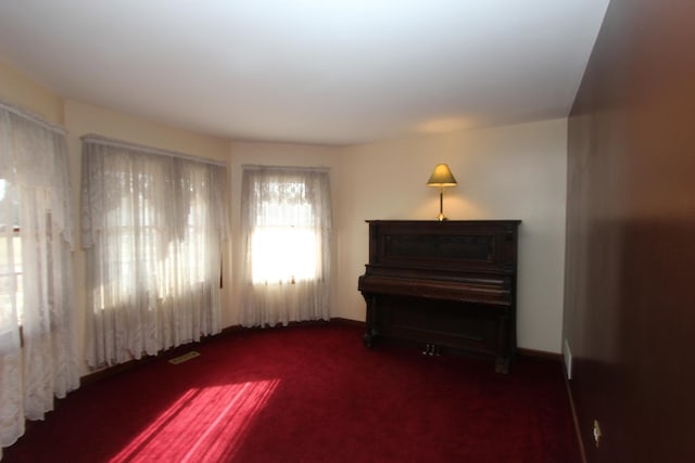 sitting room featuring dark carpet