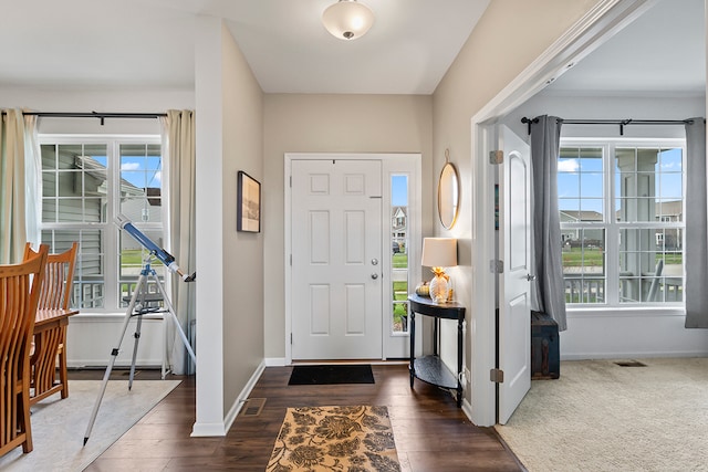 foyer with a healthy amount of sunlight and dark wood-type flooring