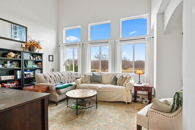 living room featuring a healthy amount of sunlight and a high ceiling