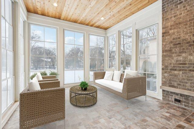 sunroom featuring a wealth of natural light and wooden ceiling