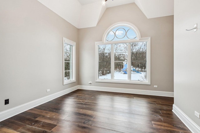 empty room featuring vaulted ceiling, dark hardwood / wood-style floors, and a healthy amount of sunlight