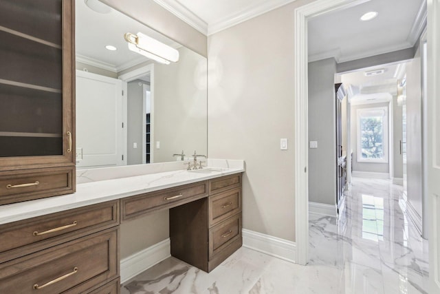 bathroom with vanity and ornamental molding