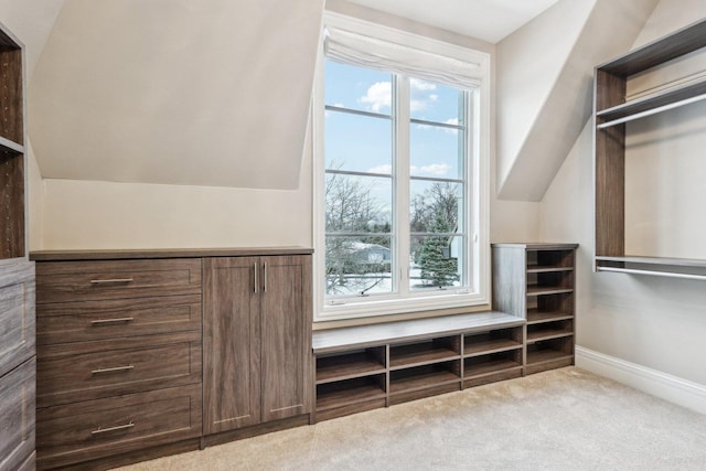 walk in closet with light carpet and vaulted ceiling