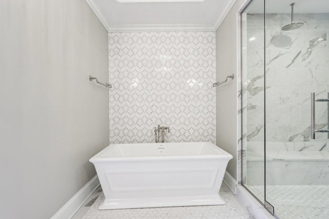 bathroom featuring independent shower and bath and crown molding