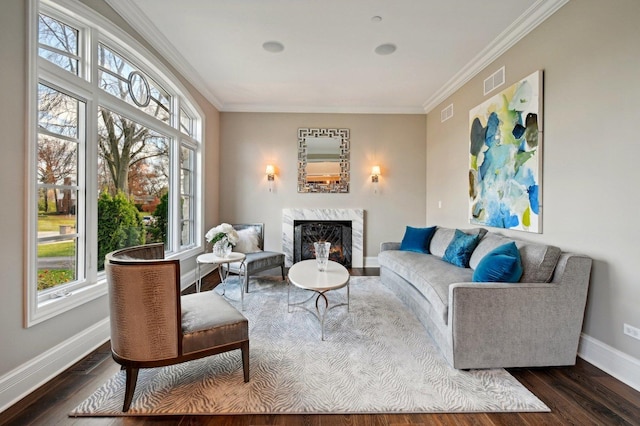 living room featuring a wealth of natural light, ornamental molding, and a premium fireplace