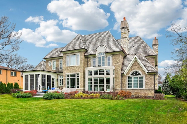 back of property with a sunroom and a lawn