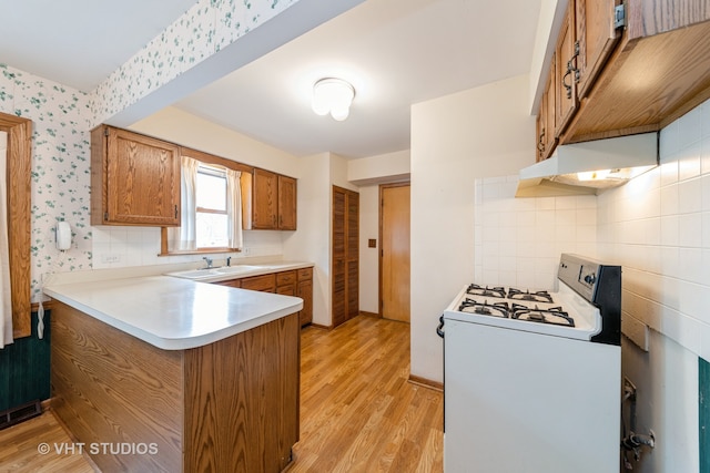 kitchen with kitchen peninsula, decorative backsplash, light wood-type flooring, sink, and white electric stove