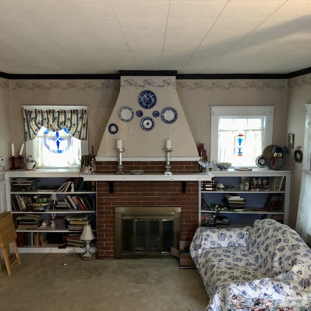 living room with a fireplace