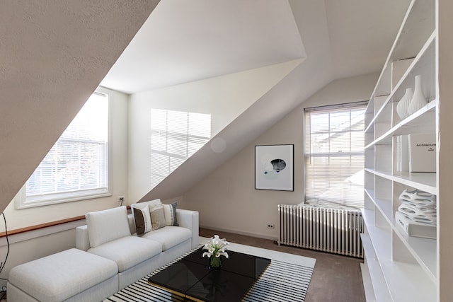 living room featuring radiator heating unit, carpet, and vaulted ceiling