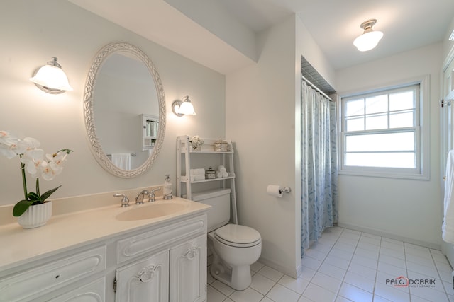 bathroom with tile patterned flooring, vanity, and toilet