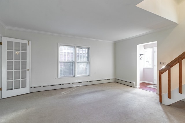 interior space with light carpet, a baseboard radiator, and crown molding