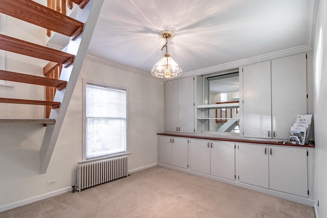 interior space with radiator heating unit, ornamental molding, and an inviting chandelier